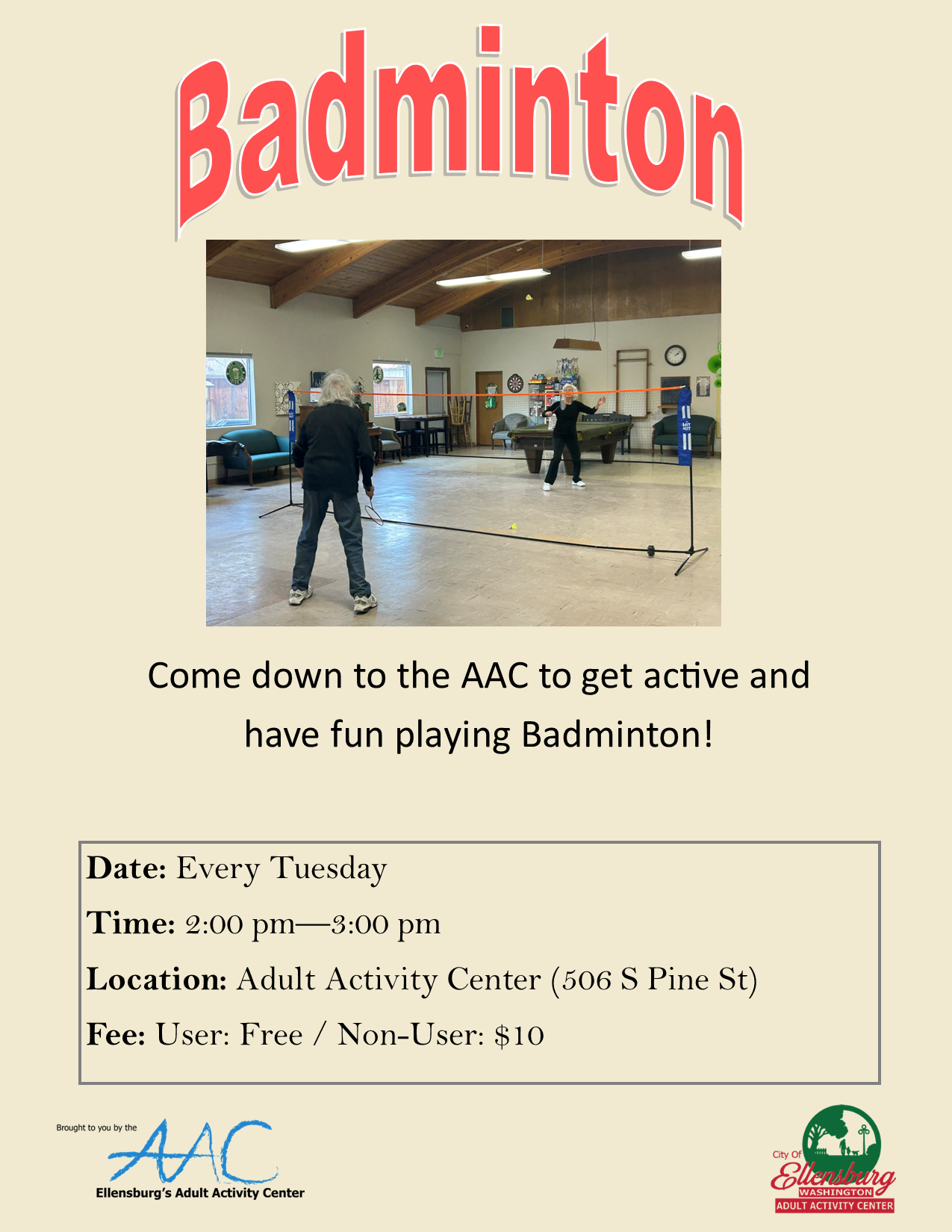 Flyer promoting a badminton event with a couple of people hitting a shuttlecock. 
