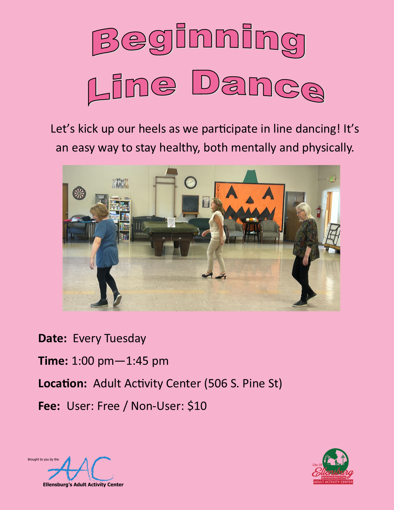 Eye-catching flyer highlighting essential details and inviting graphics of people line dancing. 