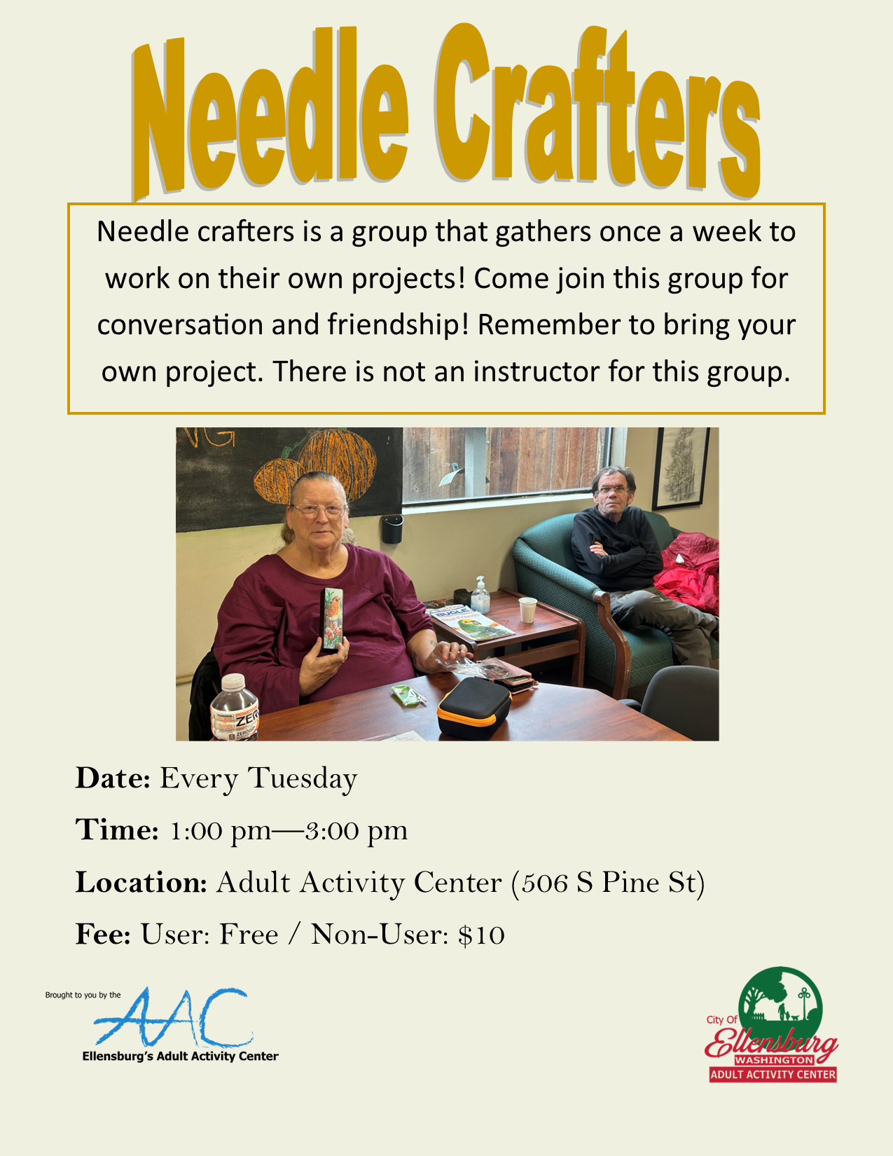A flyer displaying information for a Needle Crafters group and a photo of two members. 